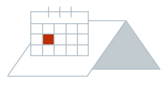 Illustration von Steildach mit weißer Dachfläche und Kalender mit rot markiertem Datum für den Beginn der Dacharbeiten